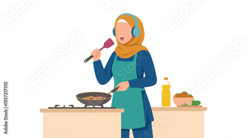 Happy Muslim woman in hijab and headphones cooking and singing in kitchen