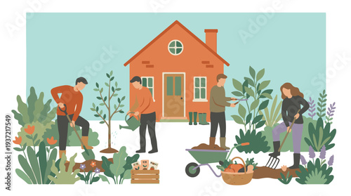 People Gardening Together at Home, Cultivating Plants and Vegetables