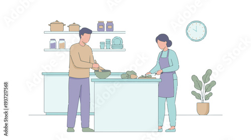 Couple cooking together in a modern kitchen, preparing a healthy meal