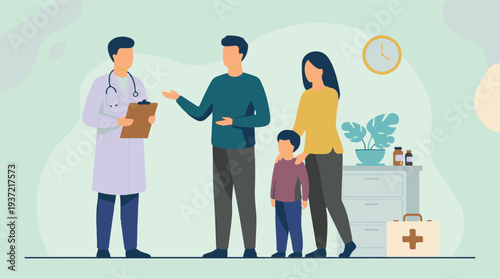 Doctor consulting a family with a child about their health