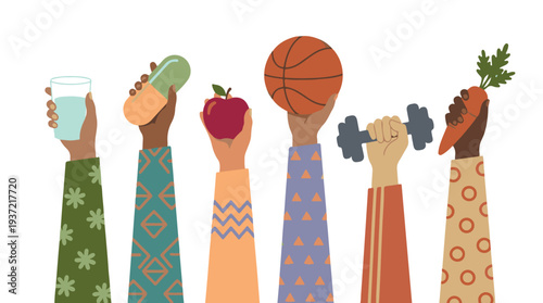 Diverse hands holding elements of a healthy lifestyle and wellness