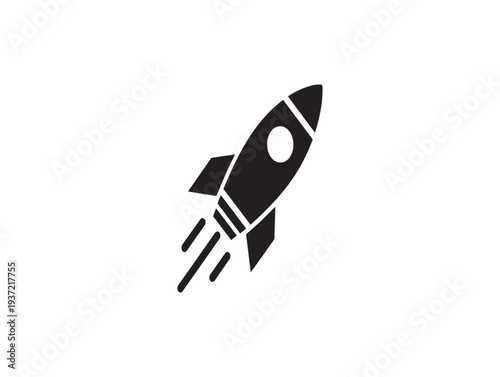 A simple black and white illustration of a rocket ship in flight