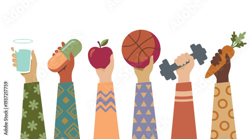 Diverse hands holding symbols of health and wellness lifestyle