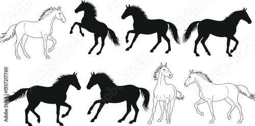 Horse icons cad drawing flat vector illustration, standing and trotting poses in black and outline styles, front view animal layoutHorse icons cad drawing flat vector illustration