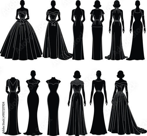 Set of elegant evening dresses, women's gown silhouettes, various styles, fashion illustration, black, formal attire, long dresses, isolated, vector art.
