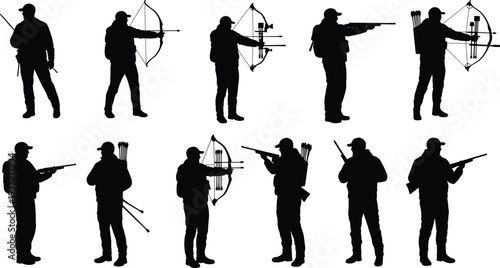 Hunting and shooting sport silhouette vector illustration set with hunters using a bow, rifle, and shotgun on white