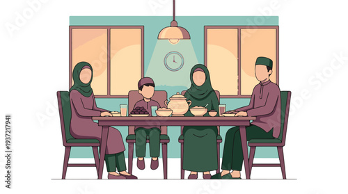 Muslim family gathering for Iftar meal during Ramadan, vector illustration