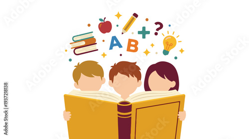 Children learning and developing knowledge with educational symbols