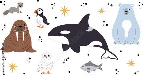 Arctic Animals Vector Icon Set Featuring Orca Whale Polar Bear Walrus Puffin Owl Fish and Winter Wildlife Cartoon Illustration Collection