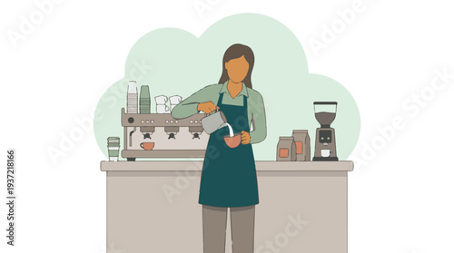 Barista pouring milk into coffee for a latte, working at a modern cafe.