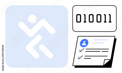 Simplified figure in motion, binary code, user checklist symbolizing activity tracking, data analysis, personal goals, digital identity, fitness metrics, progress visualization. Ideal