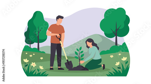 Couple planting small tree outdoors, engaging in environmental care
