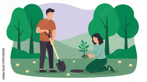 Young couple planting a tree in nature, environmental protection concept