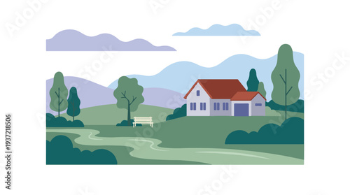 Flat design illustration of a cozy house in a peaceful countryside