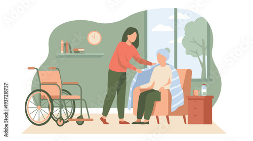 Caregiver helping elderly woman with blanket next to wheelchair