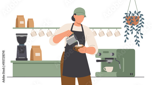 Barista pouring milk into coffee to create latte art in a modern cafe