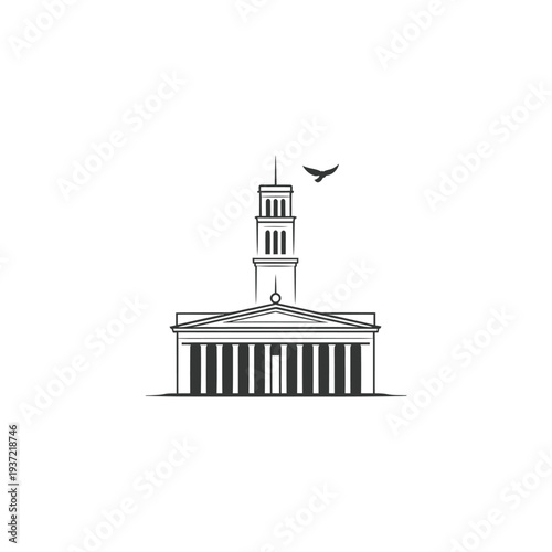 Minimalist line drawing of a classical building with a flying bird