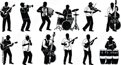 Jazz band musician vector silhouette set, professional musicians playing instruments, people playing guitar, drum, trumpet, banjo, contrabass, and violin