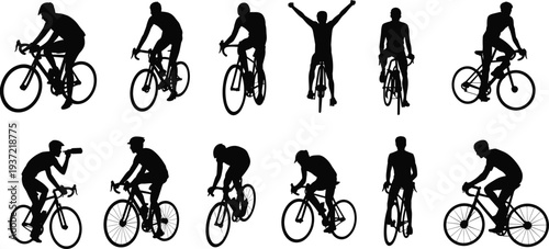 Silhouette Collection Of Cyclists In Various Poses And Actions cycling bicycle