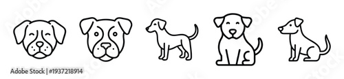 Set of cute dog faces and full body illustrations in simple line art
