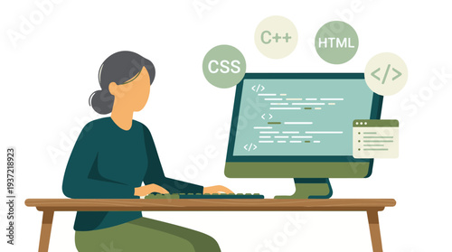Female programmer coding on computer, surrounded by programming language symbols