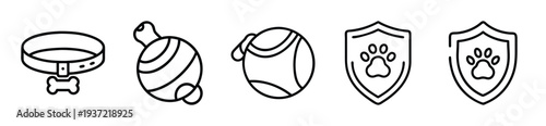 Set of modern pet icons including dog bowl, toy, ball, and paw print shields