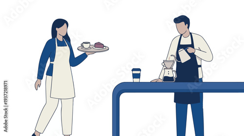 Barista making coffee and waitress serving cake in a cafe setting.