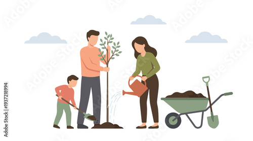 Parents and child planting a young tree together, nature care activity.