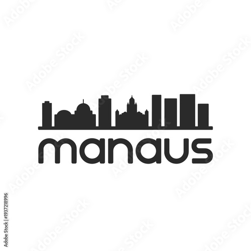 A silhouette of a city skyline with the name manaus below