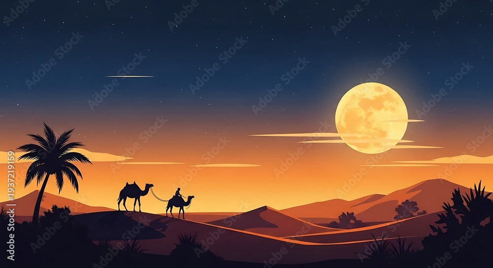 Fototapeta premium Desert landscape with camels and palm tree at night serene scene