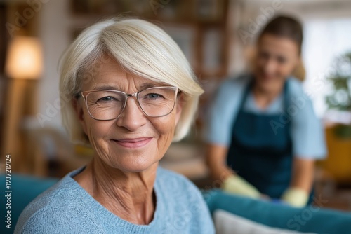Content Senior Woman in Glasses with Home Care Assistant Behind Her