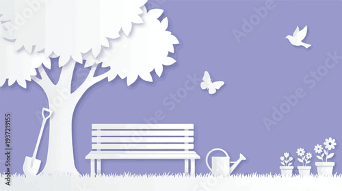 Paper cut illustration of a serene park scene with tree, bench, and flowers