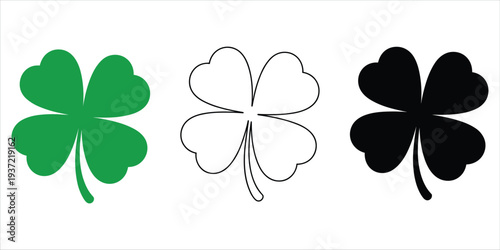 Three four-leaf clover icons in green, outline, and black on a white background luck lucky