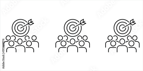Three Icon Sets of Group of People Figures Aiming at a Target with Arrow team