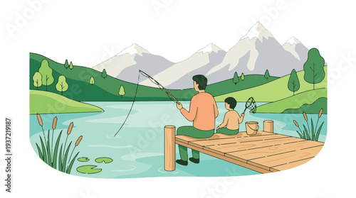 Father and son fishing together on a wooden dock by a serene lake