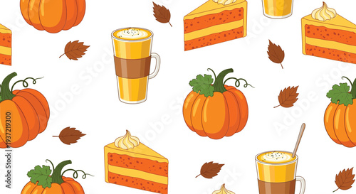 Autumn pumpkin spice seamless pattern with pumpkins, latte coffee mugs, cake slices, and falling leaves cozy fall vector background