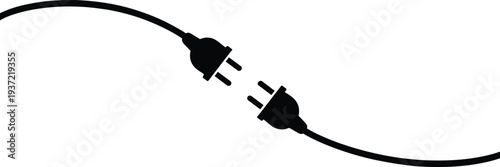 Two black electrical plugs on wires about to connect on a white background Keywords: electricity, power, connection, plug