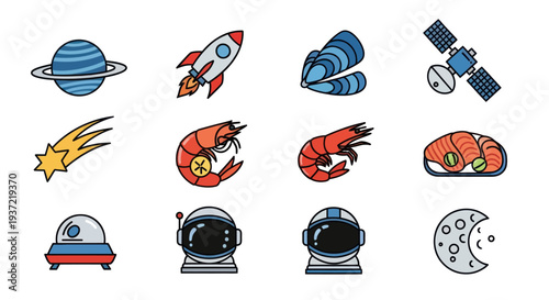 Cosmic icons rocket planet seafood satellite