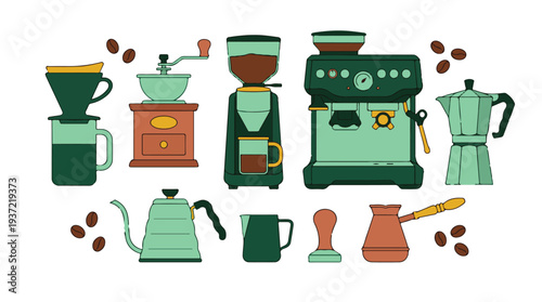 Flat vector illustration of various coffee brewing equipment and accessories