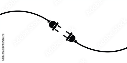 Two black electrical plugs on wires about to connect on a white background Keywords: electricity, power, connection, plug