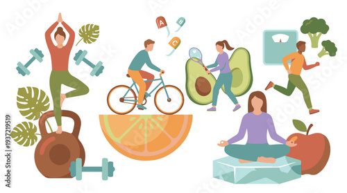 Healthy Lifestyle Concept: Exercise, Balanced Diet, and Wellness Activities