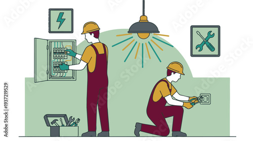 Electricians installing and repairing electrical systems, home improvement illustration