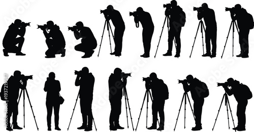 Photographer silhouettes collection with camera and tripod, professional photography poses, media photographer vector set, photojournalist icons, photography equipment concept illustration