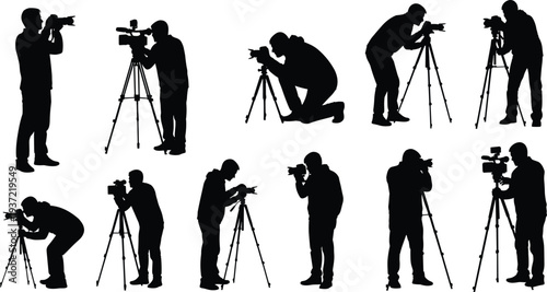 Photographer silhouette collection, cameraman using camera and tripod, professional photography set, videographer shooting images, media production concept isolated vector illustration
