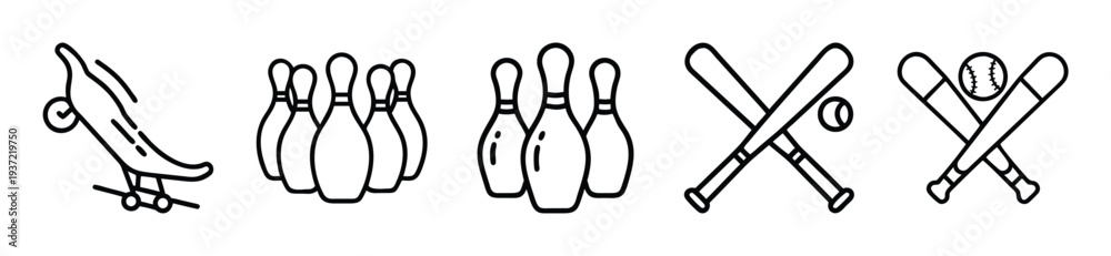 Fototapeta premium Sporty icons including skateboard, bowling pins, baseball bats, and cricket bats