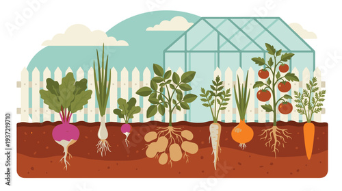 Healthy organic vegetable garden with various root crops and plants growing