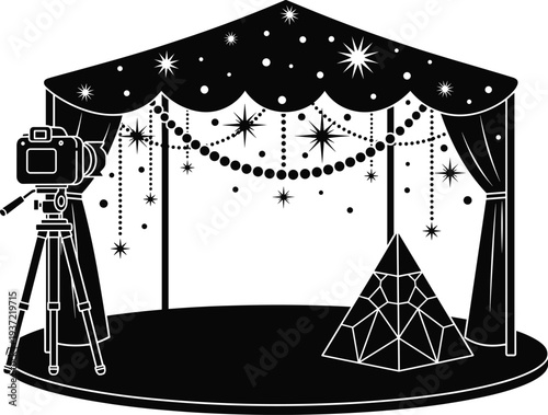Photography studio stage setup, camera on tripod with decorative lights and curtains, event backdrop scene, professional photo booth vector illustration