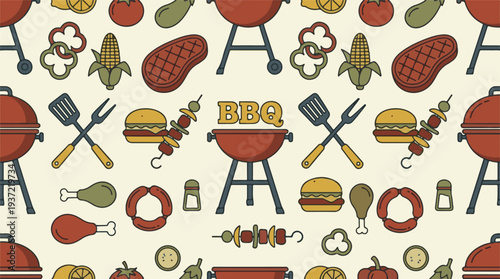 Summer Barbecue Party Seamless Pattern with Grilling Food and Tools Icons