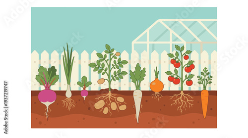 Root vegetables and garden plants illustration with underground roots visible