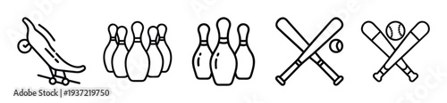 Sporty icons including skateboard, bowling pins, baseball bats, and cricket bats